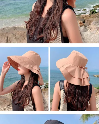 Vista 4 de Sombrero de sol para mujer, protección solar, ala ancha, plegable, sombrero de pescador, protección UV, con deflector de cuello Beige