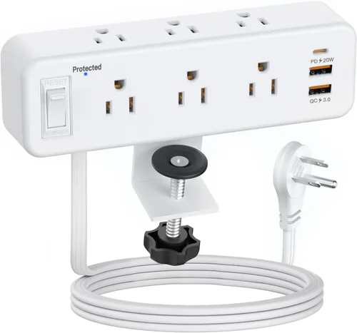 Vista 8 de Regleta de alimentación con abrazadera de escritorio de 6 salidas con USB C, protector de sobretensiones de enchufe plano, montaje de borde de Negro