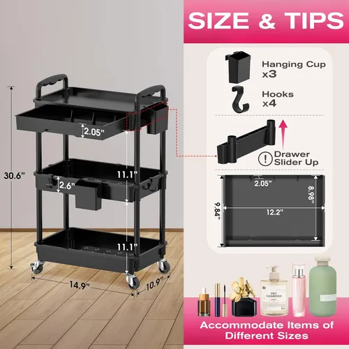 Vista 2 de Goovilla Carrito Organizador de Maquillaje Rodante con Cajón Extraíble, Carrito de Almacenamiento de Cuidado de la Piel de 3 Niveles Estable Negro