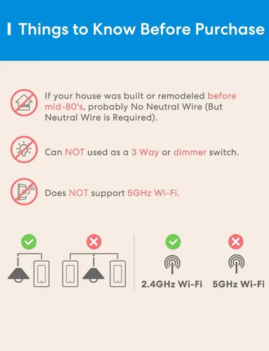 Vista 3 de meross Interruptor de luz inteligente compatible con Apple HomeKit, Siri, Alexa, Google Assistant y SmartThings, interruptor de luz Wi-Fi de 2.4