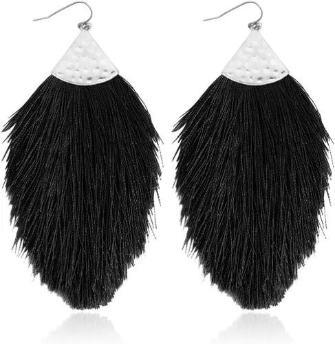 Vista 13 de Aretes bohemios de hilo sedoso con flecos y borlas – Ligeros, colgantes, con hebras y forma de pluma Fleco de plumas - Azul Aqua