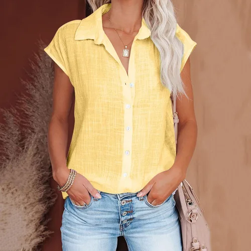 Vista 2 de Ceboyel Camisas para mujer de moda de verano, algodón, lino, manga corta, cuello con botones, blusa casual para mujer 2023