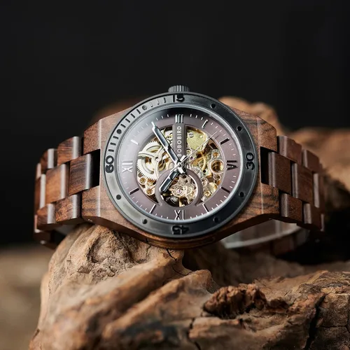 Vista 3 de BOBO BIRD Relojes de madera para hombre, reloj mecánico de esqueleto, relojes de pulsera ligeros de lujo con correa de madera natural de colección