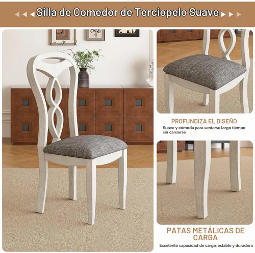 Vista 7 de VECELO Juego de mesa de comedor de madera maciza de 7 piezas con 6 sillas tapizadas, diseño moderno de fácil montaje para cocina y espacios