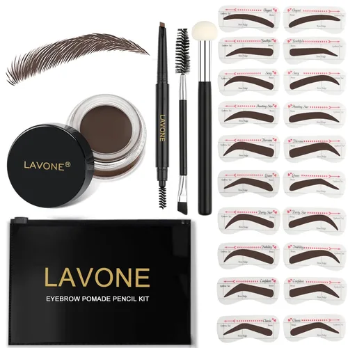 Vista 11 de LAVONE Kit de plantillas para cejas, trío de sellos para cejas con lápiz impermeable, pomada, 20 plantillas, cepillo de doble punta y aplicador