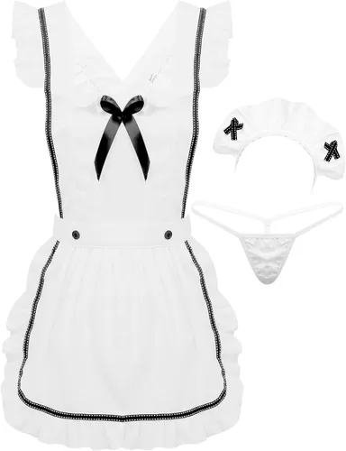 Vista 5 de ACSUSS Conjunto de lencería de sirvienta francesa para mujer, delantal con aro para el pelo y tanga