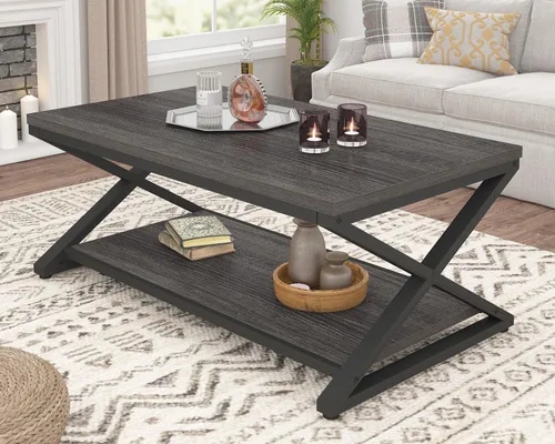 Vista 16 de HSH Mesa de sala de estar de madera de metal minimalista moderna negra con estante de almacenamiento, mesa central rectangular de 39 pulgadas y 2