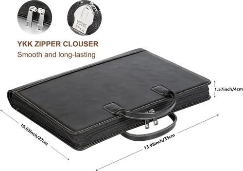 Vista 5 de Calfinder Cartera de cuero con asa, funda de transporte ligera con bolsillo para portátiles de hasta 15 pulgadas, con soporte para bloc legal, Negro