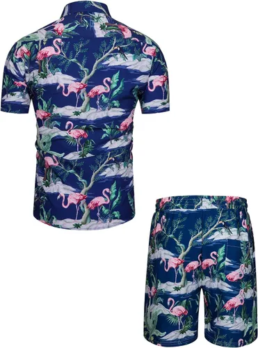 Vista 2 de fohemr Mens Hawaiian Shirt and Short Beach Set Match Tropical PineappleFlamingo Pattern Outfits Short Sleeve Short 2 PC