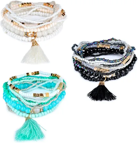 Vista 3 de LUREME Bohemia Perlas Borla Multi Strand Texturizado Brazalete apilable Pulsera Set (bl003054)