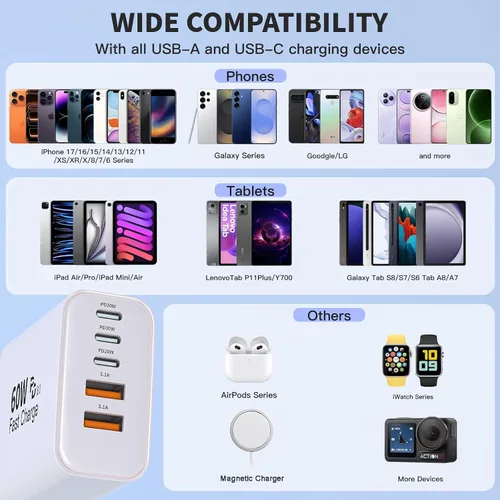 Vista 4 de Bloque de cargador de pared para iPhone 17 y 16 tipo C de 60 W, paquete de 2 bloques de carga rápida Apple para iPhone, adaptador de control