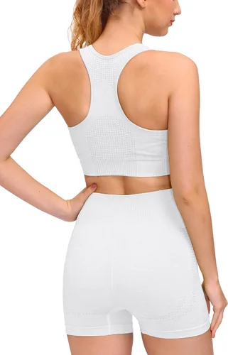 Vista 3 de WodoWei Conjuntos de entrenamiento para mujer, 2 piezas, sin costuras, cintura alta, pantalones cortos de gimnasio+brasier deportivo, trajes de yoga