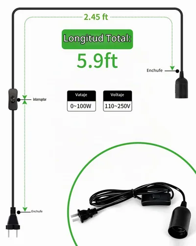 Vista 3 de HESSION - Cable de extensión colgante para farol, cable de lámpara de 5.9 pies, máximo 360 W, interruptor de encendido/apagado E26/E27, iluminación