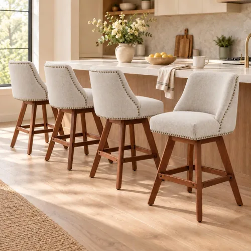 Vista 34 de Juego de 2 taburetes de bar giratorios modernos, taburetes de bar de 26.6 pulgadas de altura de mostrador beige con respaldo para isla de cocina