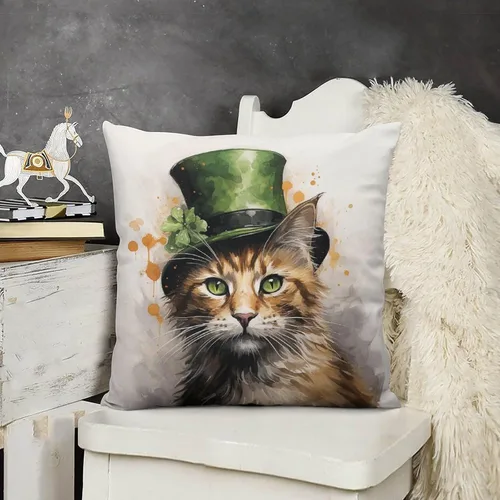 Vista 10 de Fundas de almohada de granja con diseño de feliz día de San Patricio con un gato en un sombrero de trébol, fundas de almohada de terciopelo