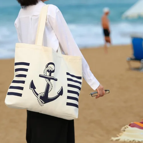 Vista 7 de Bolsa de lona con diseño náutico de anclaje con bolsillo interior, cremallera superior, bolsas de comestibles reutilizables para mujeres, playa