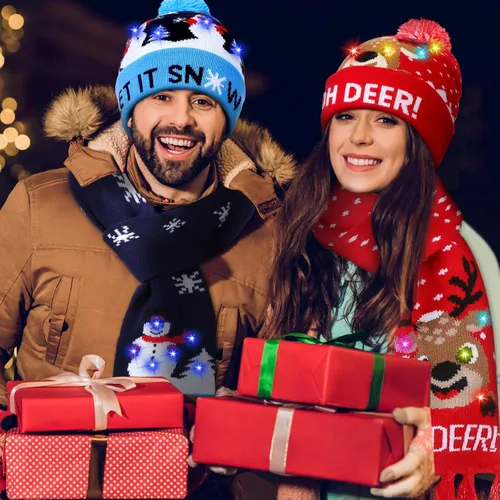 Vista 5 de Juego de 4 sombreros de Navidad con luz LED y bufanda iluminada, gorro de punto de Navidad, bufanda LED