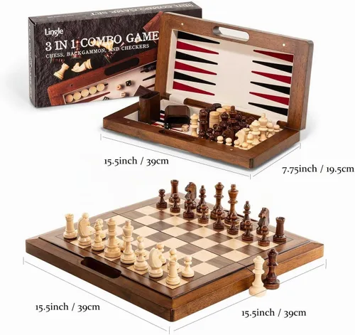 Vista 6 de 15.5'' Deluxe Solid Wood 3-in-1 Chess Set: Portable Chess, Backgammon, and Checkers with Hollow Handle Box, Folding Board for Travel, Suitable for