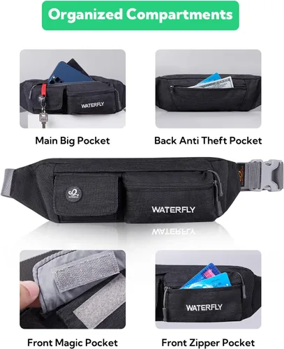 Vista 4 de WATERFLY Riñonera para Mujeres y Hombres Resistente al Agua Pequeña Bolsa de Cintura Delgada con 4 Bolsillos Bolsa Cruzada Ligera para el Pecho que