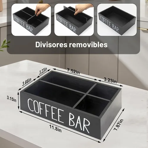 Vista 4 de Bokelai Organizador de barra de café, negro, almacenamiento de accesorios de encimera de madera Removable Dividers, Disposable Cup Holder, Pods