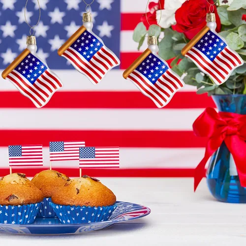 Vista 5 de Watayo 8 piezas de adornos de vidrio con bandera americana, adornos de bandera de vidrio soplado patriótico, banderas de EE. UU. del 4 de julio