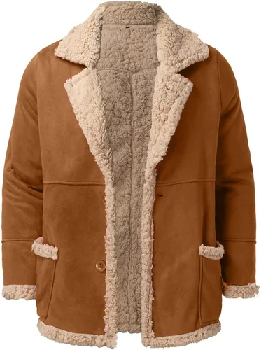 Vista 5 de Abrigo de piel de oveja para hombre, chaquetas de piel de oveja con forro de piel de oveja, chaqueta de bombardero de invierno cálida S-5XL