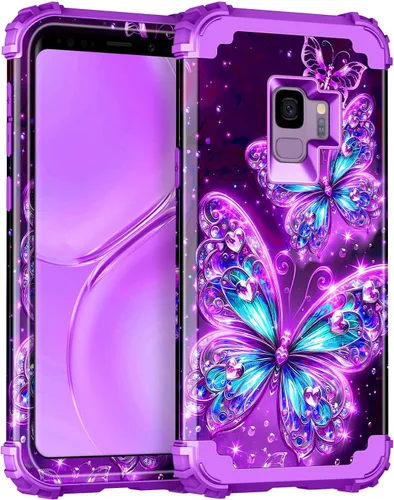 Vista 10 de Casetego Funda para Galaxy S9, que brilla en la oscuridad, tres capas, resistente, a prueba de golpes, policarbonato duro+silicona suave Púrpura