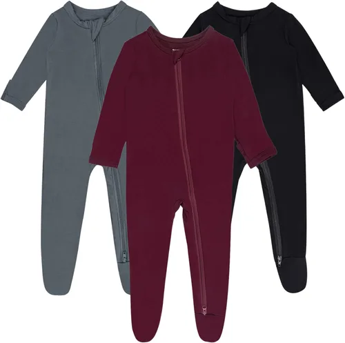 Vista 13 de Pijamas de bebé para niño con pies y puños, hechos de rayón de bambú, con cierre de dos vías y manga larga Celadon-aqua Green-pail Lila