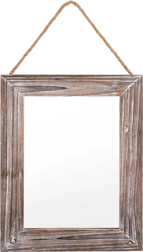 Vista 8 de OKSQW Espejo de pared de granja, espejo rectangular de madera rústica marrón, marco de madera decorativa de 16 x 12 pulgadas, con espejo y cuerda