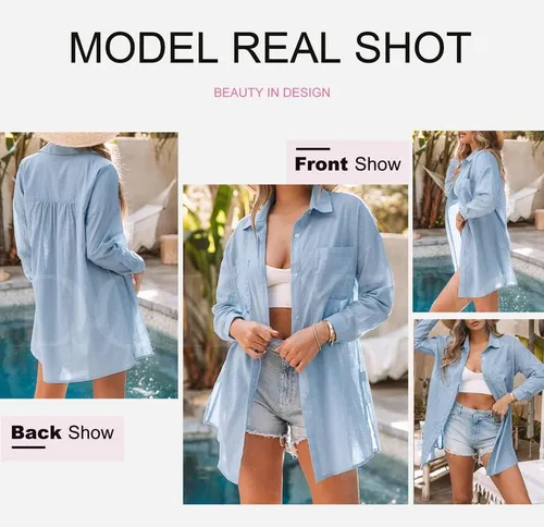 Vista 5 de Dokotoo Camisas de manga larga de algodón con botones para mujer, salida de baño, cárdigans de verano con bolsillos