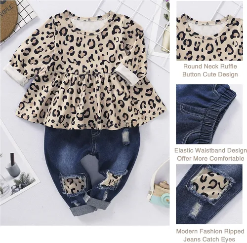 Vista 5 de NZRVAWS Ropa para bebé niña pequeña, conjunto de pantalones de mezclilla rasgados con volantes florales de leopardo para niña 0-4T