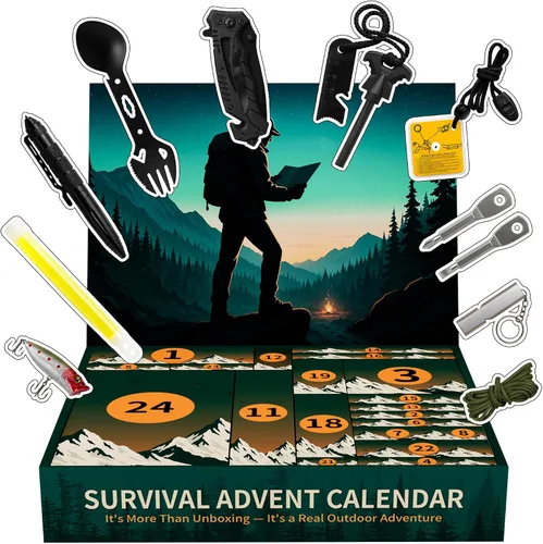 Vista 7 de Calendario de Adviento de supervivencia 2025 para adultos, cuenta regresiva de Navidad de 24 días para hombres con kit de supervivencia al aire