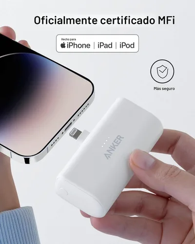 Vista 2 de Cargador portátil Anker Nano para iPhone, con conector Lightning certificado MFi incorporado, batería externa de 5,000 mAh 12W, compatible