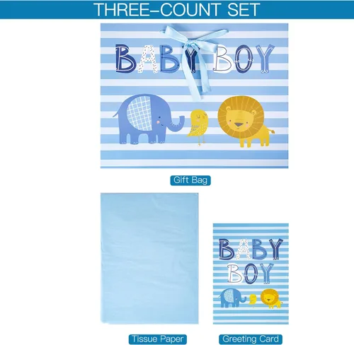 Vista 5 de Loveinside Bolsa de regalo para bebé niño con papel de seda y tarjeta de felicitación para baby shower, nuevos padres y más, diseño animal azul, 16