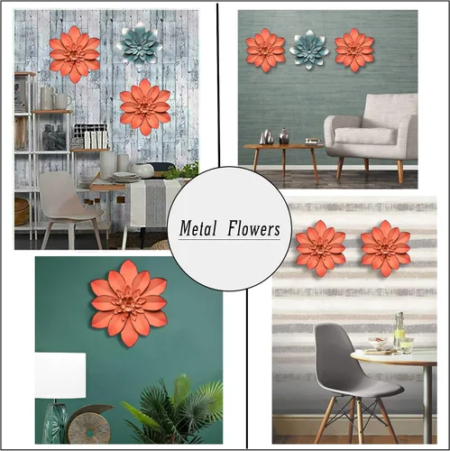 Vista 5 de Arte de Pared de Flores de Metal Rosa, Escultura Floral Rústica Moderna de 11", Decoración Colgante Envejecida del Hogar, Obras de Arte Decorativas