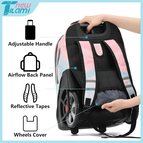 Vista 25 de NEW TILAMI Mochila con ruedas de 19 pulgadas con bolsa de almuerzo para niñas y niños, mochila para laptop con ruedas, bolsa de mano duradera