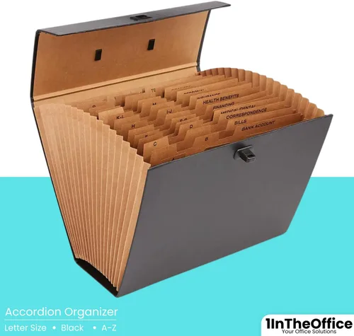 Vista 3 de 1InTheOffice Carpetas de archivos expandibles, tamaño carta, organizador de archivos alfabético, 19 bolsillos, índice A-Z, color negro