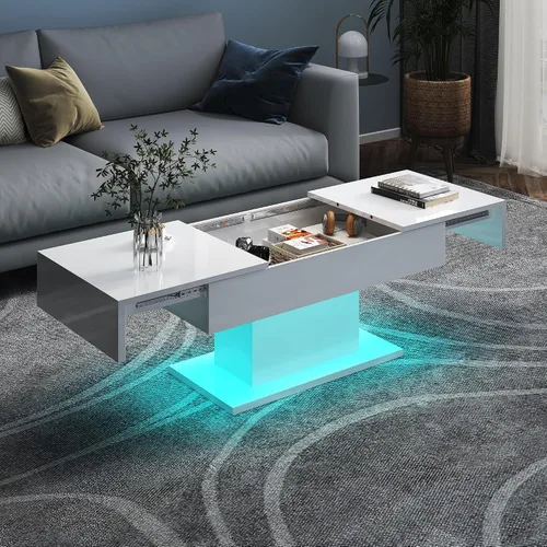 Vista 11 de HedoAjim - Mesa de café LED negra con almacenamiento para sala de estar, mesa de centro rectangular para sala de estar, mesas de café modernas