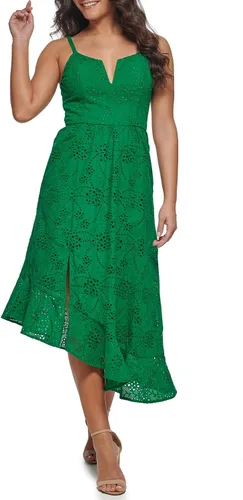 Vista 2 de GUESS Women's Asymmetrical Cotton Eyelet Midi Contemporary Dress