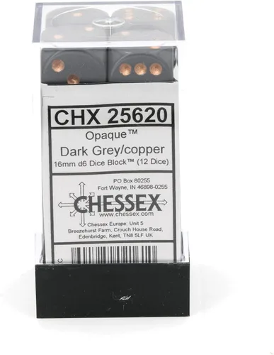 Vista 2 de Chessex Manufacturing - Juego de dados poliédricos de plástico opaco gris oscuro y cobre, 0.630 in, incluye 12 dados - D6 (CHX25620)