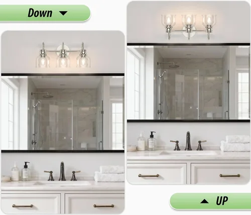 Vista 6 de Lámpara de tocador de baño de 3 luces, níquel cepillado, tradicional, clásica, con vidrio transparente, accesorios de iluminación de baño sobre