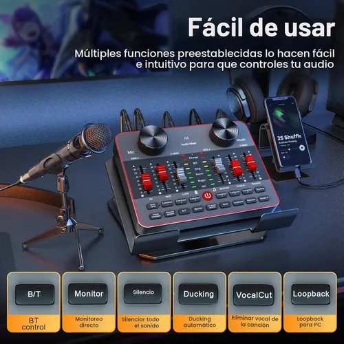 Vista 4 de Kit de Mezclador de Audio G1 para Transmisión en Vivo, Tarjeta de Sonido en Vivo para Transmisión, Interfaz de Audio Mezclador DJ Tarjeta