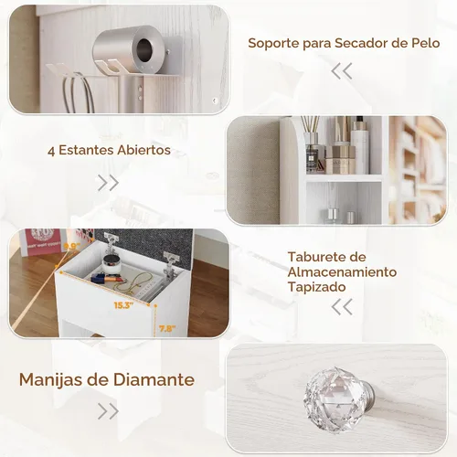 Vista 8 de IRONCK Escritorio de tocador con espejo y luces, mesa de tocador de maquillaje con 10 cajones, organizador de joyas, toma de corriente, taburete
