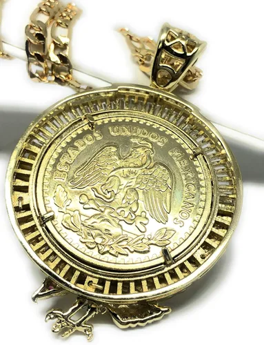 Vista 3 de Cadena chapada en oro Centenario Mexicano Moneda 50 Pesos Águila Colgante Cadena CZ Oro Cadena 26