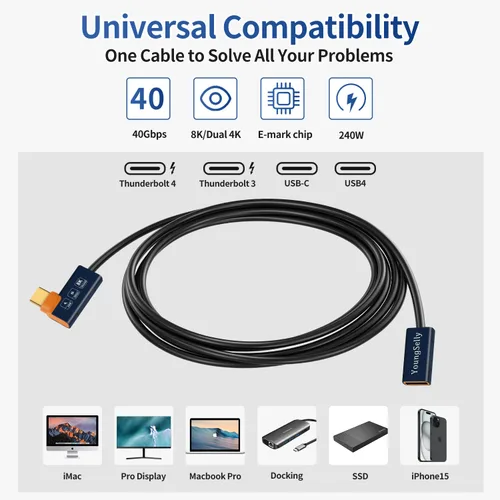 Vista 2 de Cable USB C codo hembra a macho de 1.64 pies, compatible con Thunderbolt 4/3, USB4/3, soporta carga rápida de 240 W (48 V/5 A máximo), transferencia