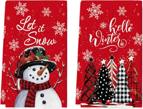 Vista 7 de Artoid Mode Toallas de cocina de nieve negra Deja que nieve Árboles de Navidad ¡Hola invierno! Toallas de cocina, toallas de mano de decoración