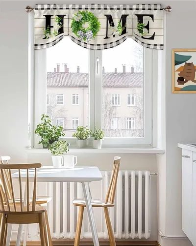 Vista 3 de Cenefa de amarre de corona verde de verano para ventanas, cenefas de cortina con bolsillo para barra, cenefa ajustable de madera retro para cocina