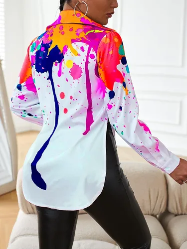 Vista 2 de GORGLITTER Blusa de manga larga para mujer, con estampado de salpicaduras y botones divididos
