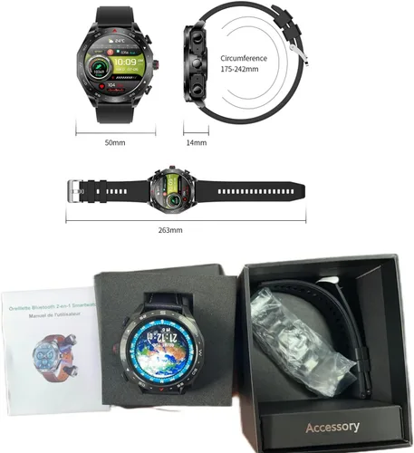 Vista 8 de Reloj inteligente T95 con auriculares para iPhone, Android, teléfonos inteligentes de 1.52 pulgadas, redondo, Bluetooth, llamadas, reloj Negro