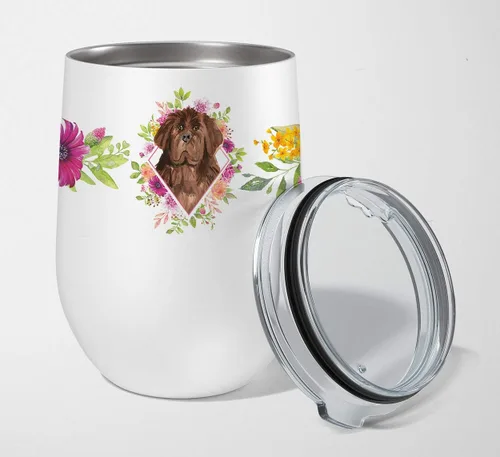 Vista 97 de Caroline's Treasures CK4110TBL12 Afghan Hound Pink Flowers - Vaso de vino aislado de acero inoxidable de 12 onzas con tapa, bonita taza de viaje